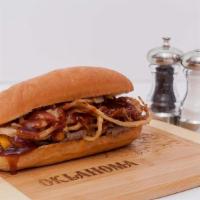 Bbq Cheddar Steak Sandwich Combo · With onions, fried onion strings, cheddar cheese & BBQ sauce.