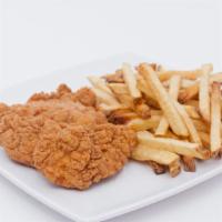 Chicken Strips · Served with homemade fries and ranch, homemade honey mustard or BBQ sauce.
