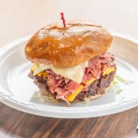 Detroit Cheeseburger · Hamburger with corned beef, Swiss and American cheese, lettuce, tomato, onion, pickle & thou...