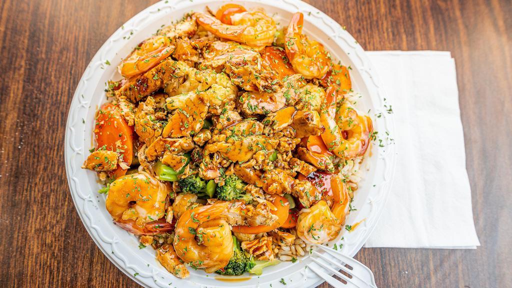 Shrimp Stir-Fry · Served over steamed rice with pita bread.