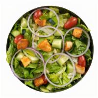 Garden Salad · Romaine/iceberg mix, tomatoes, red onions, cucumbers, croutons, and our creamy house vinaigr...
