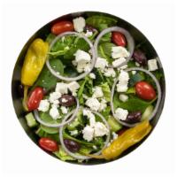 Greek Salad · Hearts of romaine, baby spinach, red onions, kalamata olives, feta cheese, grape tomatoes, c...