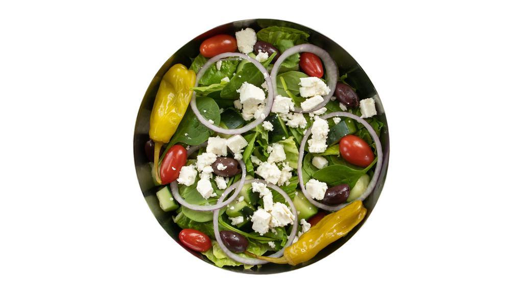 Greek Salad · Hearts of romaine, baby spinach, red onions, kalamata olives, feta cheese, grape tomatoes, cucumbers, pepperoncini peppers with our very own lemon vinaigrette.