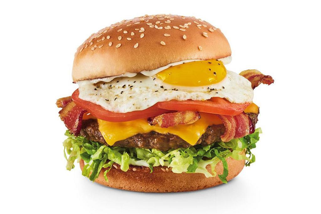 Royal Red Robin Burger® · Hardwood-smoked bacon, egg**, American cheese, lettuce, tomatoes and mayo.
