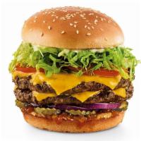 Monster Burger · Two Gourmet patties, your choice of cheese, red onion, Red’s Pickle Relish, pickles, shredde...