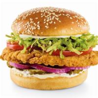Crispy Chicken · Pickles, red onions, lettuce, tomatoes and mayo.