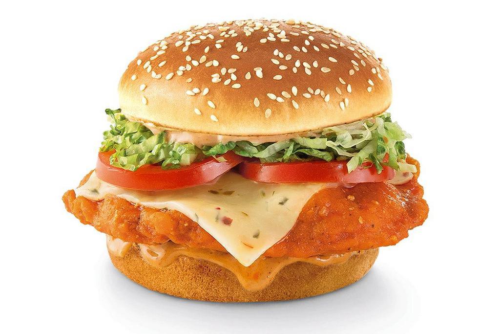 Ragin' Cajun Chicken · This is one saucy chicken breast. Fried and dipped in cayenne pepper sauce. Topped with Pepper-Jack cheese, lettuce, tomatoes and chipotle mayo.