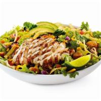Southwest Chicken · Ancho-grilled chicken breast, black beans, avocado, fried jalapeño coins, tomatoes, diced re...