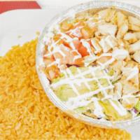 Chicken Bowl · Gluten free. Grilled chicken breast with rice, black beans, lettuce, avocado, tomato and sou...