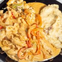 Pollo Azteca · Gluten-free. Chicken breast with sautéed peppers, onion and mushrooms in a creamy chipotle s...