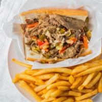 Italian Beef Sandwich Combo · Your choice of dip and hot, mild or sweet peppers. Served with fries and a drink.