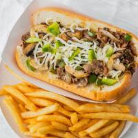 Original Philly Steak Sandwich Combo · Green peppers, onions, mushrooms, provolone cheese, and mayo. Served with fries and a drink.
