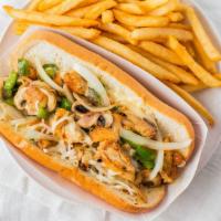 Chicken Philly Steak Sandwich Combo · Green peppers, onions, mushrooms, provolone cheese, and mayo. Served with fries and a drink.