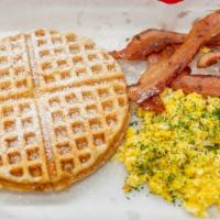 The Regular · Waffle, eggs, and your choice of bacon or sausage.