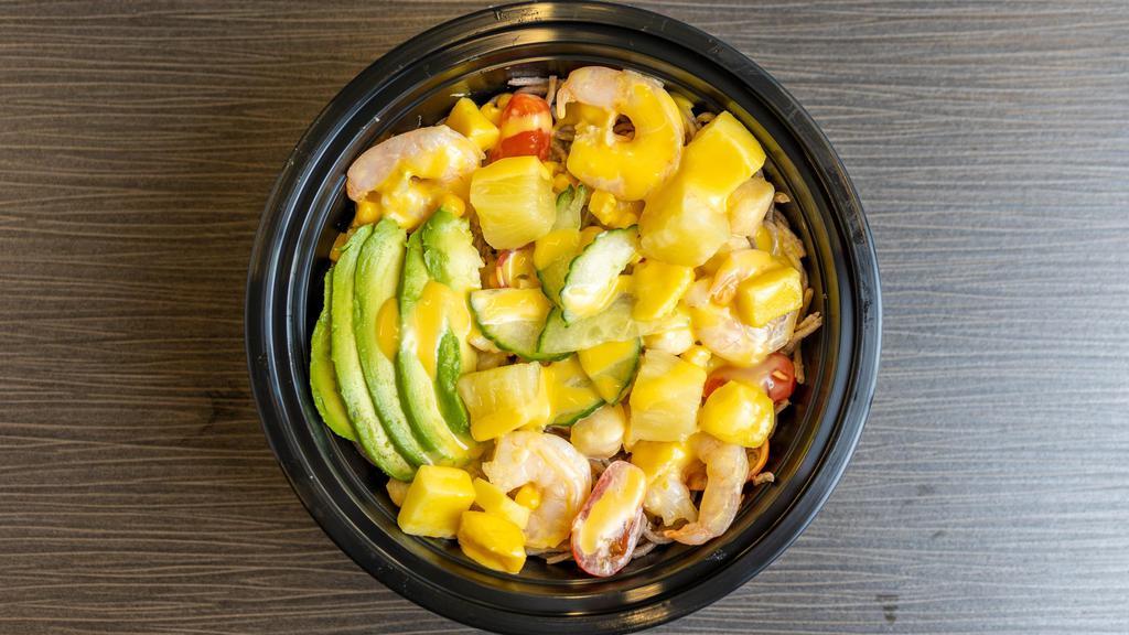 Hawaiian Bowl · Soba Noodles | Mango Sauce | Shrimp | Scallops | Cucumber | Sweet Corn | Tomatoes | Diced Mango | Pineapple | Avocado