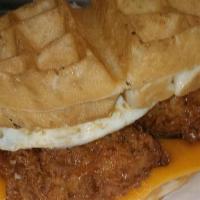 Stuffed Waffle Sammy · Fresh off the Iron Waffle Cut in Half and stuffed with cheddar cheese, bacon, Honey dipped C...