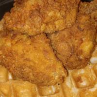 Syd'S Famous Chicken N'Waffles · Fresh Buttermilk waffle served with your choice of 4 wings or 2 Jumbo tenders!