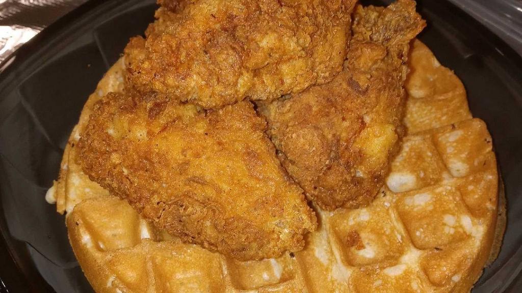 Syd'S Famous Chicken N'Waffles · Fresh Buttermilk waffle served with your choice of 4 wings or 2 Jumbo tenders!