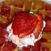 Fresh Strawberry Waffle · fresh buttermilk waffle with house made strawberry sauce and whipped cream!