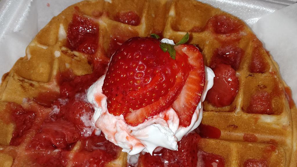Fresh Strawberry Waffle · fresh buttermilk waffle with house made strawberry sauce and whipped cream!