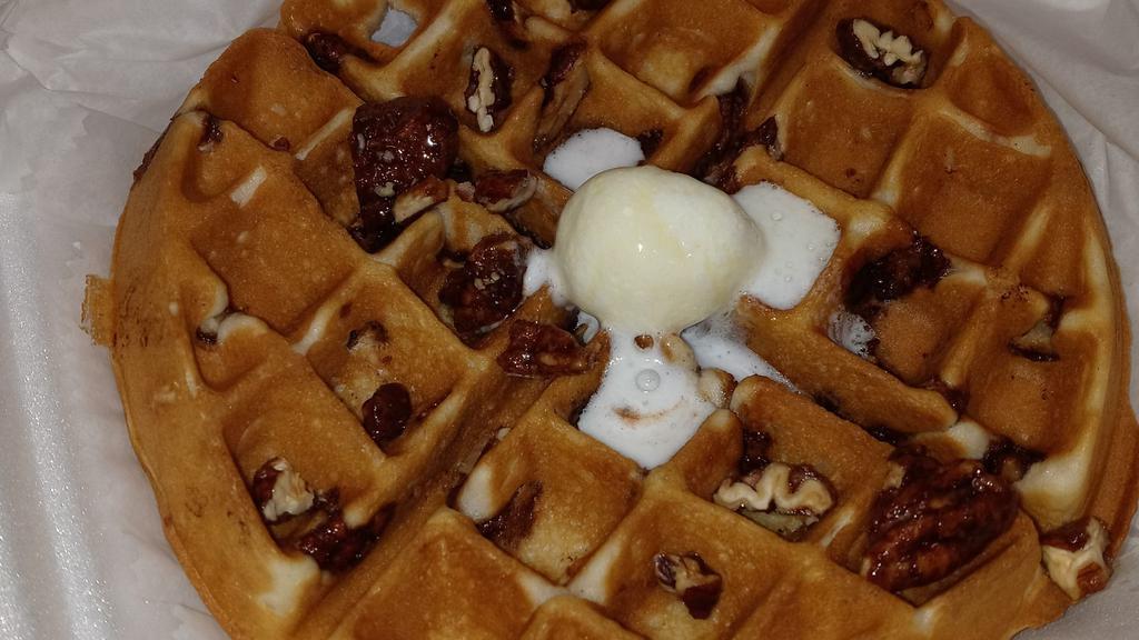  Pecan Waffle · Fresh buttermilk waffle loaded with pecans served with butter and syrup