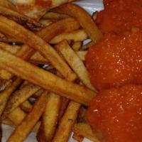 Buffalo Shrimp Basket · 8 piece fried butterfly shrimp tossed in buffalo served with fries and Texas toast