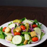 Italian Table (Large) · Romaine lettuce, grape tomatoes, red onion, cucumber, pepperoncini, croutons.