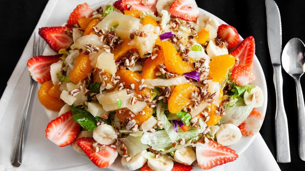 Chicken Fruit Salad · Chicken with lettuce, strawberries, mandarin oranges, pineapples, bananas and walnuts with raspberry vinaigrette.