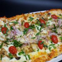 Grilled Chicken Jalapeno · House-made marinara, mozzarella, cherry tomatoes, red onions, jalapenos, grilled chicken and...