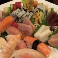 Sushi Chef Special · Rainbow, spider roll, 10 pieces of nigiri (chef's choice) and 12 pieces sashimi.