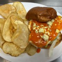 Buffalo Chicken Sandwich · A juicy, grilled chicken breast topped with our housemade buffalo sauce, blue cheese crumble...