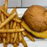 Kids Cheese Burger · Juicy cheeseburger patty on a warm, soft bun.  Served with your choice of french fries or fr...