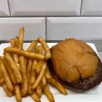 Kids Hamburger · Juicy hamburger patty on a warm, soft bun.  Served with your choice of french fries or fruit.