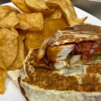 Bbq Chicken  · Diced, grilled chicken, cheddar cheese, lettuce, tomato, red onion and BBQ sauce wrapped in ...