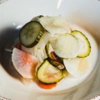 House Pickles (Gf/Df) · Dairy free, vegan, gluten free. Daikon, carrots, cucumber, radish, onion.