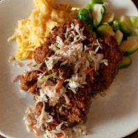 Buttermilk Fried Chicken · Breaded Boneless Thighs, Cheesy Potato Hash, Roasted Brussel Sprouts, Apple Cider Slaw, Taba...