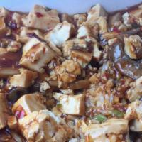 Mapo Tofu (Meatless) Over Rice 麻婆 豆腐 · Spicy. Mild.