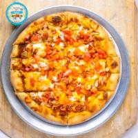 16″ Chicken Bacon Ranch · Ranch seasoned chicken breast, real bacon, onions finished with mozzarella and sharp cheddar...
