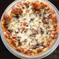12″ Vegetarian · House seasoned mushrooms, green pepper, tomatoes, onions, and black olives, house made pizza...