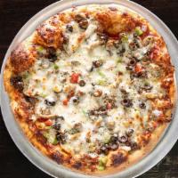 16″ Vegetarian · House seasoned mushrooms, green pepper, tomatoes, onions, and black olives, house made pizza...