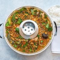 Hot Pot · Flavorful broth with shrimp, chicken, meatball, broccoli, napa, shiitake mushrooms, carrots,...