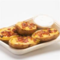 Potato Skins · Topped w/ your choice of nacho or. cheddar cheese & your choice of bacon. bits, sausage, Mex...