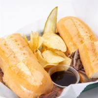 1/2 Roast Beef & Cheese Subwich · Hot Slices of Hot Roast Beef, Melted Cheese and Au Jus for dipping