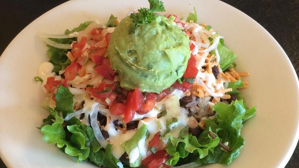 Burrito Bowl · Black beans, brown rice, guacamole, lettuce, onion, salsa, house-made vegan sour cream, and daiya cheeze. Served on a brown/wild rice blend. CONTAINS soy