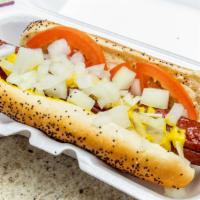 Polish Sausage · Topped with mustard, onions and tomatoes.