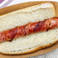 Bacon Dog · Hot dog wrapped in bacon.