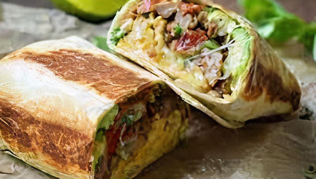 Burrito · Your choice of meat, rice, beans, lettuce, tomatoes, onions, cilantro, cheese.