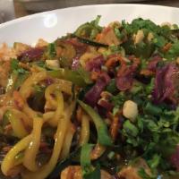 Zucchini Noodle Pad Thai · Gluten free, vegetarian, vegan. Marinated tofu, zucchini noodles, bell peppers, garlic, cabb...