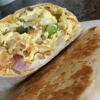 Breakfast Burrito · Your choice of ham, bacon or sausage with eggs, hash browns, green peppers, onion and chedda...