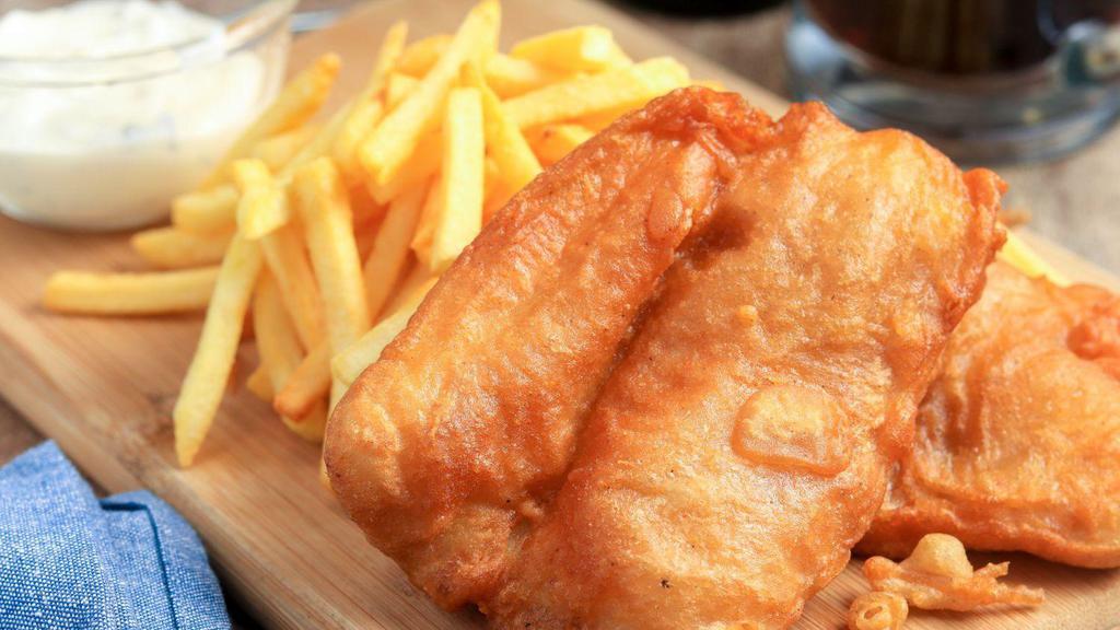 Fish And Chips · 3 pieces of cod fish, french fries, coleslaw, and garlic bread.
Tartar and lemon on the side.